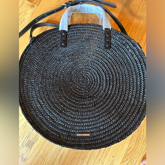 NWT Rebecca Minkoff Black Straw Circle Tote crossbody strap - Picture 9 of 10